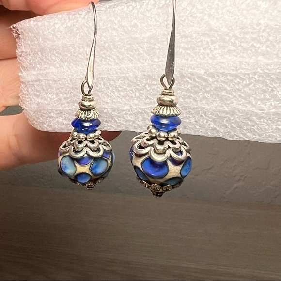 Silver, Blue and White Murano Lamp Glass Earrings - Picture 2 of 5